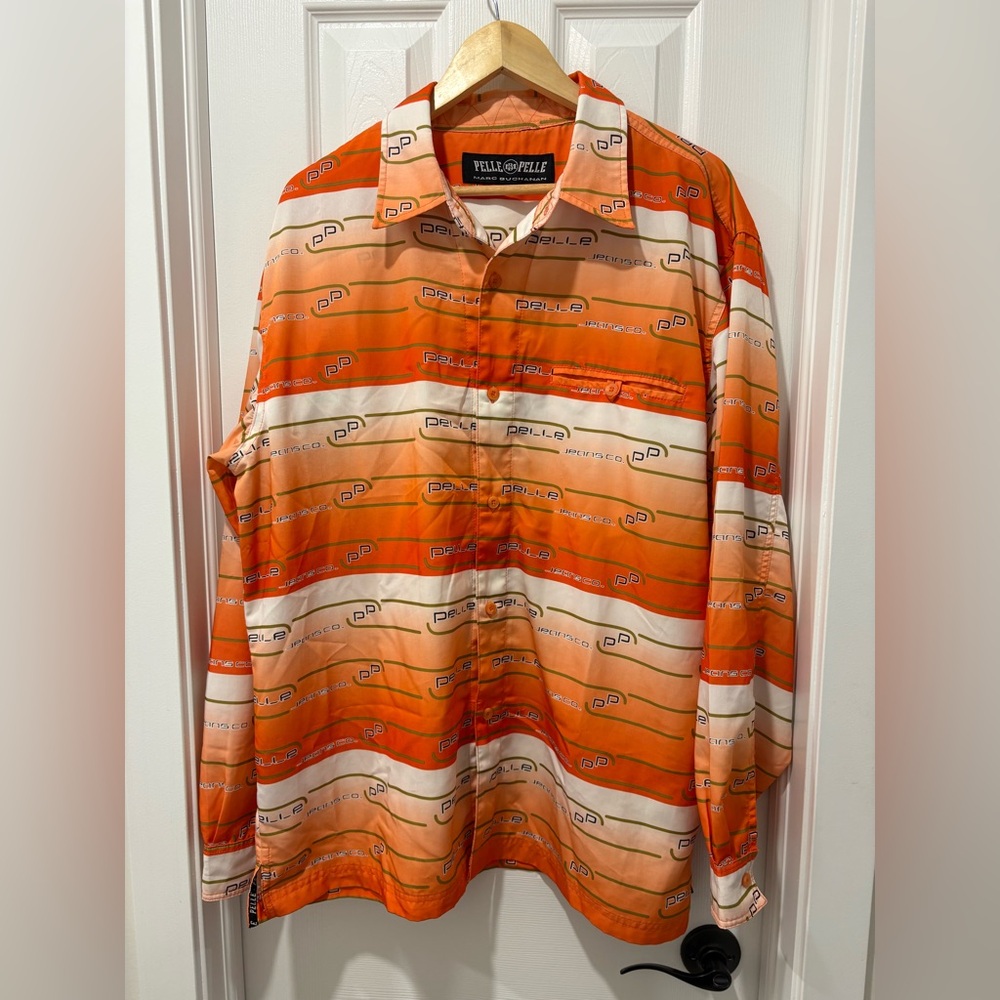 Pelle Pelle Y2K Men's Orange Striped Shirt Large oversized